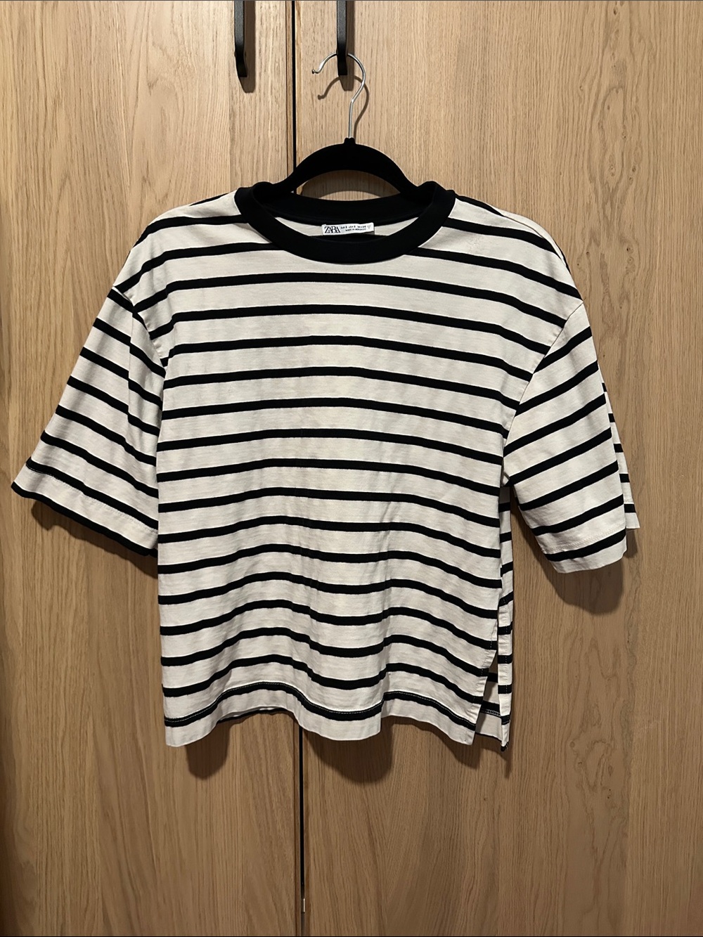 Zara Black and White Striped Short Sleeve Tee